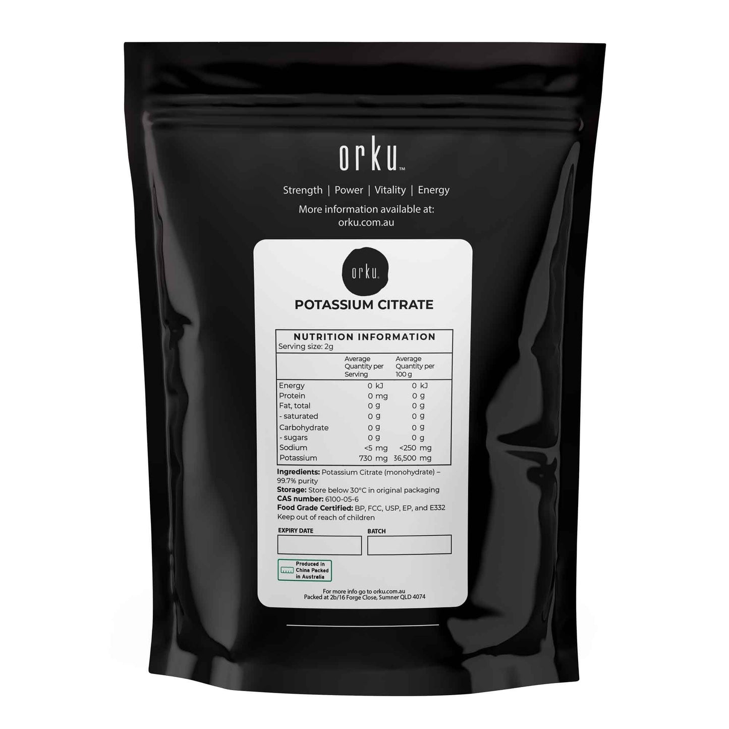 Granular Orku 2kg potassium citrate food grade supplement from Hlpmedical, used as a dietary additive in nutrition and health.