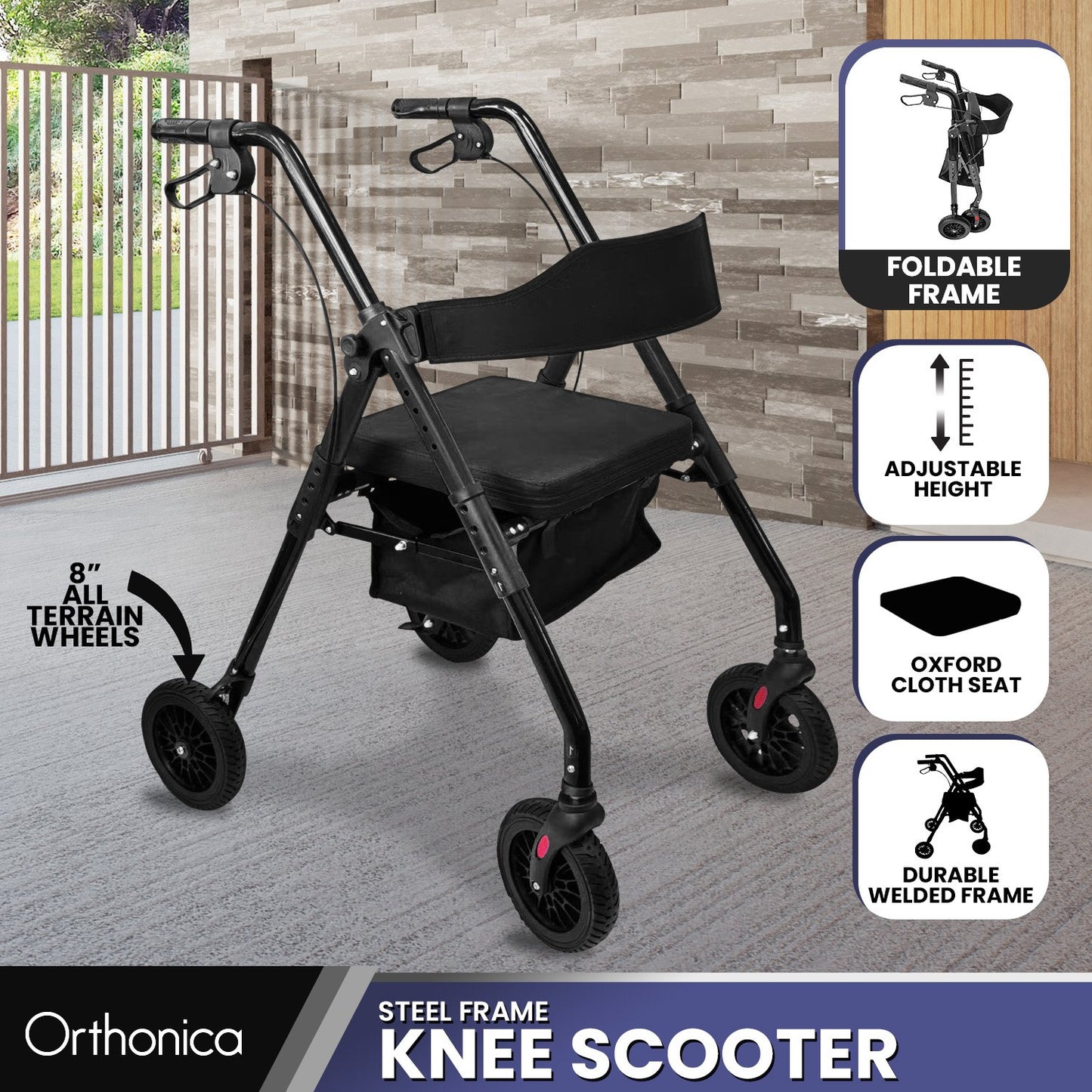 Black Orthonica Foldable Steel Rollator by Hlpmedical with 136kg capacity, designed for mobility and accessibility support.