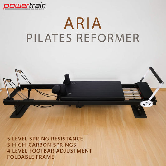 Hlpmedical Powertrain Aria Steel Foldable Pilates Reformer with footbar, sitting box, jumpboard, and platform extender for full-body fitness