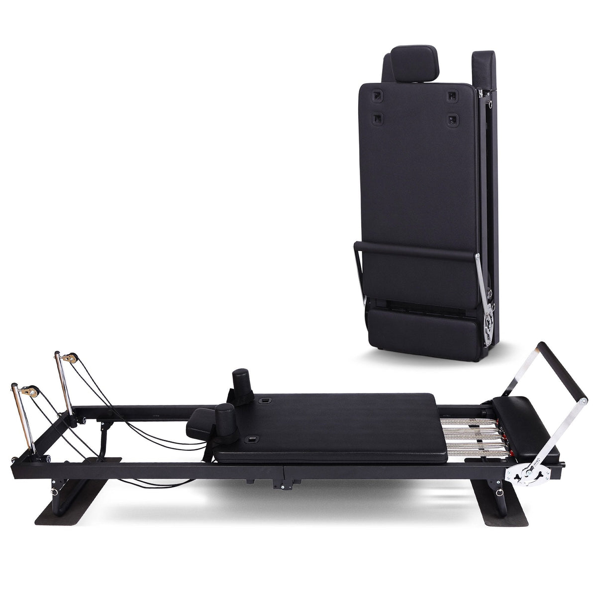 Hlpmedical Powertrain Aria Steel Foldable Pilates Reformer with platform, jumpboard, footbar, and sitting box for full body core fitness.