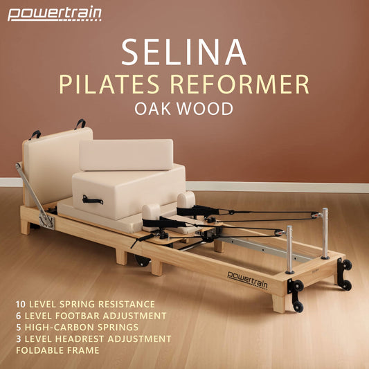 Wooden Selina Pilates Reformer machine by Hlpmedical with jumpboard, sitting box, and foldable design in oak beige for home gym use