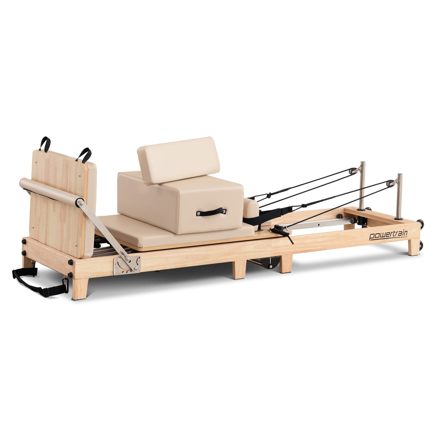 Hlpmedical Powertrain Selina Pilates Reformer Machine with wood frame, jumpboard, sitting box, in oak beige for home gym workouts.