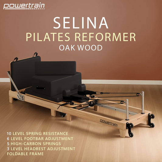 Hlpmedical Powertrain Selina Pilates Reformer Machine with wooden frame, jumpboard, and sitting box in black for home gym workouts.