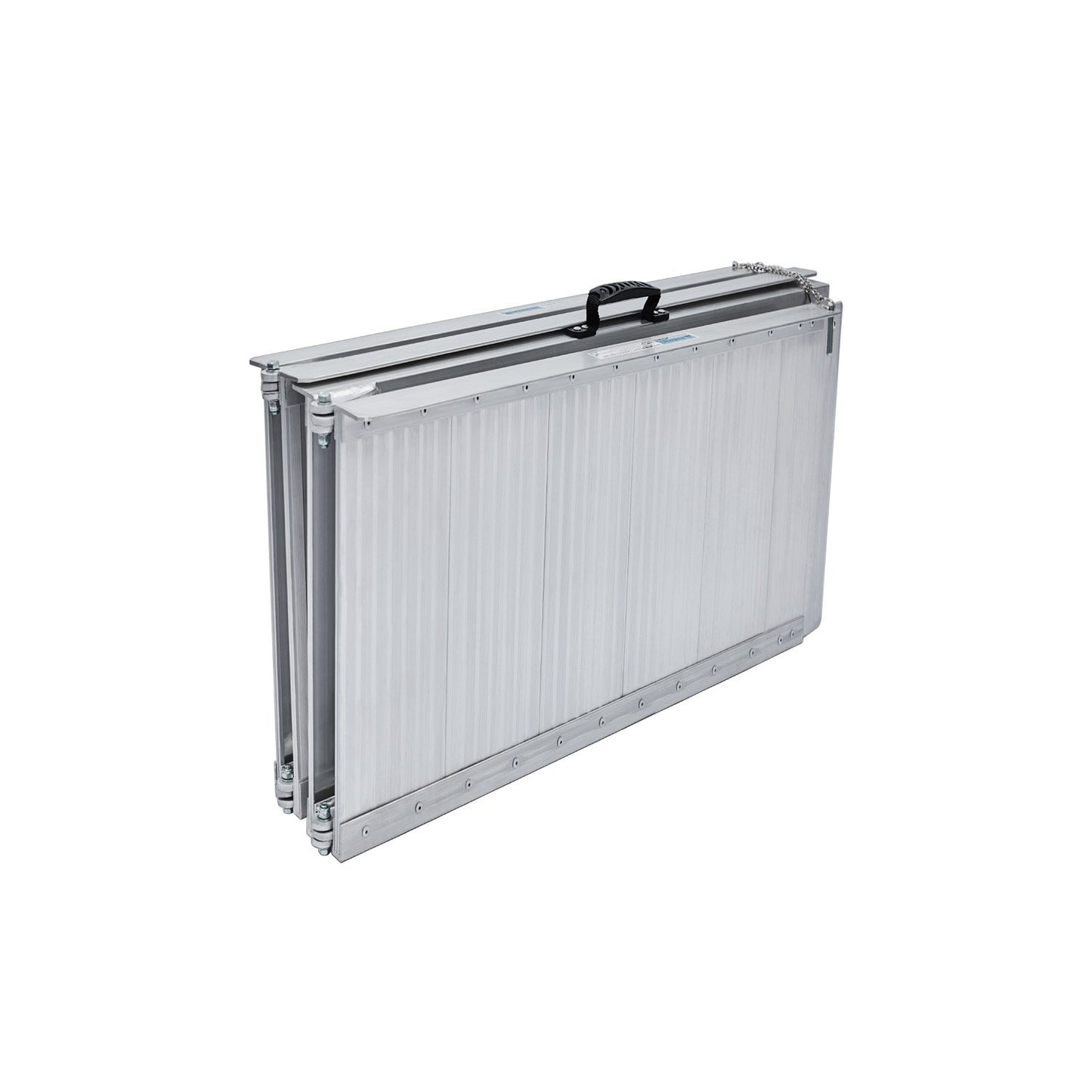 Silver 4ft Kartrite aluminium foldable wheelchair ramp with non-slip surface, designed for easy automotive loading and accessibility.