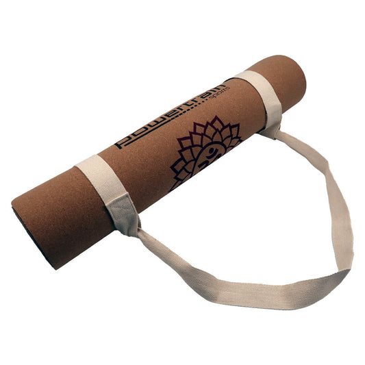 Hlpmedical Powertrain Cork Yoga Mat with carry straps, ideal for home gym Pilates and exercise routines.