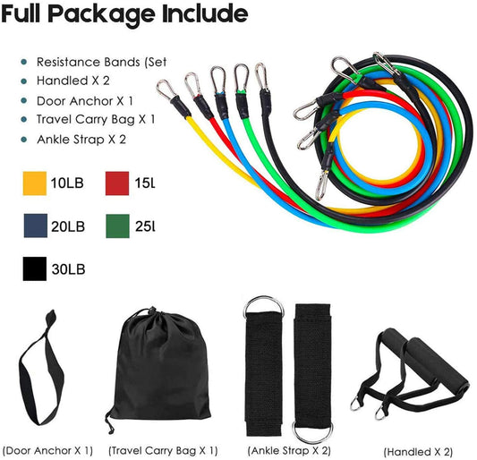 Set of 11 Hlpmedical resistance bands for home workouts, physical therapy, and gym training, stacked and color-coded for intensity.