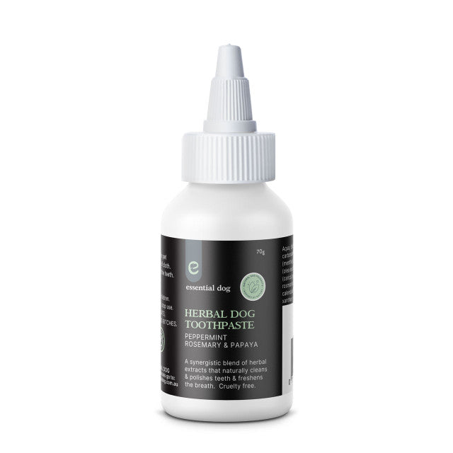 Herbal dog toothpaste in 70g tube from Hlpmedical, shown with natural herbal ingredients for pet dental health.