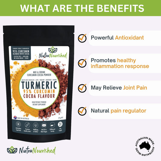 Organic 95% Curcumin Extract turmeric powder with cocoa flavor and black pepper by Hlpmedical, 375g, in a resealable bag.