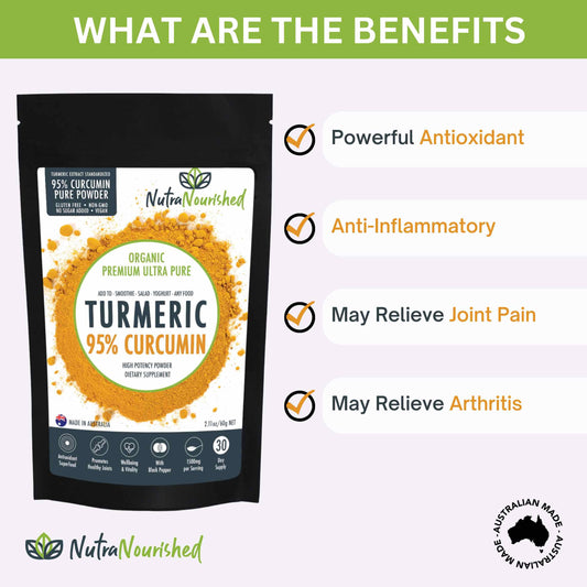 Pure Organic 95% Curcumin powder from Hlpmedical, 60g turmeric supplement with black pepper for health and wellness.
