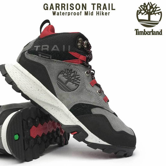 Timberland Garrison Trail Waterproof Mid Hiking Boots for men in dark grey, high-top design, US size 8, durable outdoor footwear