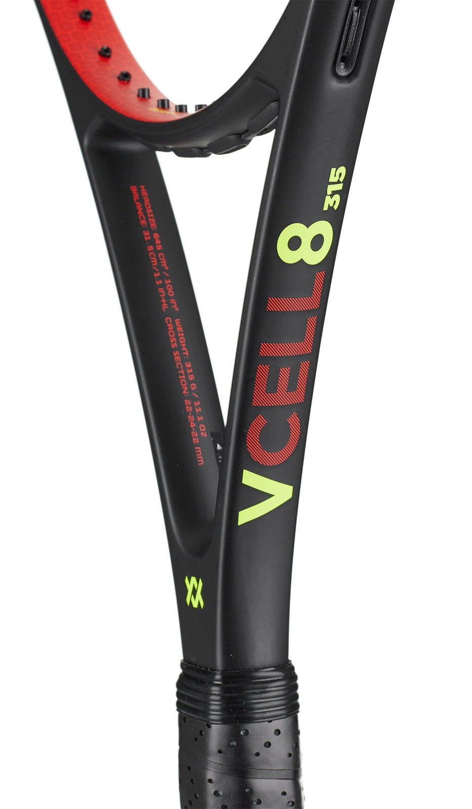 Unstrung Volkl V-Cell 8 tennis racquet with 4 3/8 grip size, lightweight 315g, designed for tennis players.