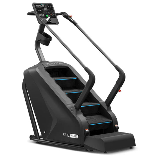 Lifespan Fitness ST-15 Vertex 4 Level Commercial Stair Climber in gym setting with digital display and sturdy construction