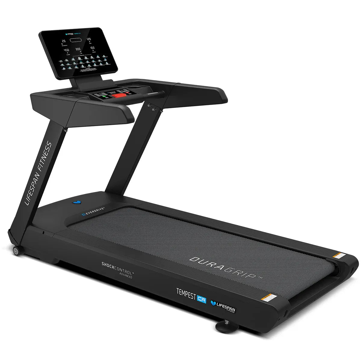 Lifespan Fitness Tempest CR commercial treadmill by Hlpmedical showing running belt, control panel, and sturdy frame for gym use.