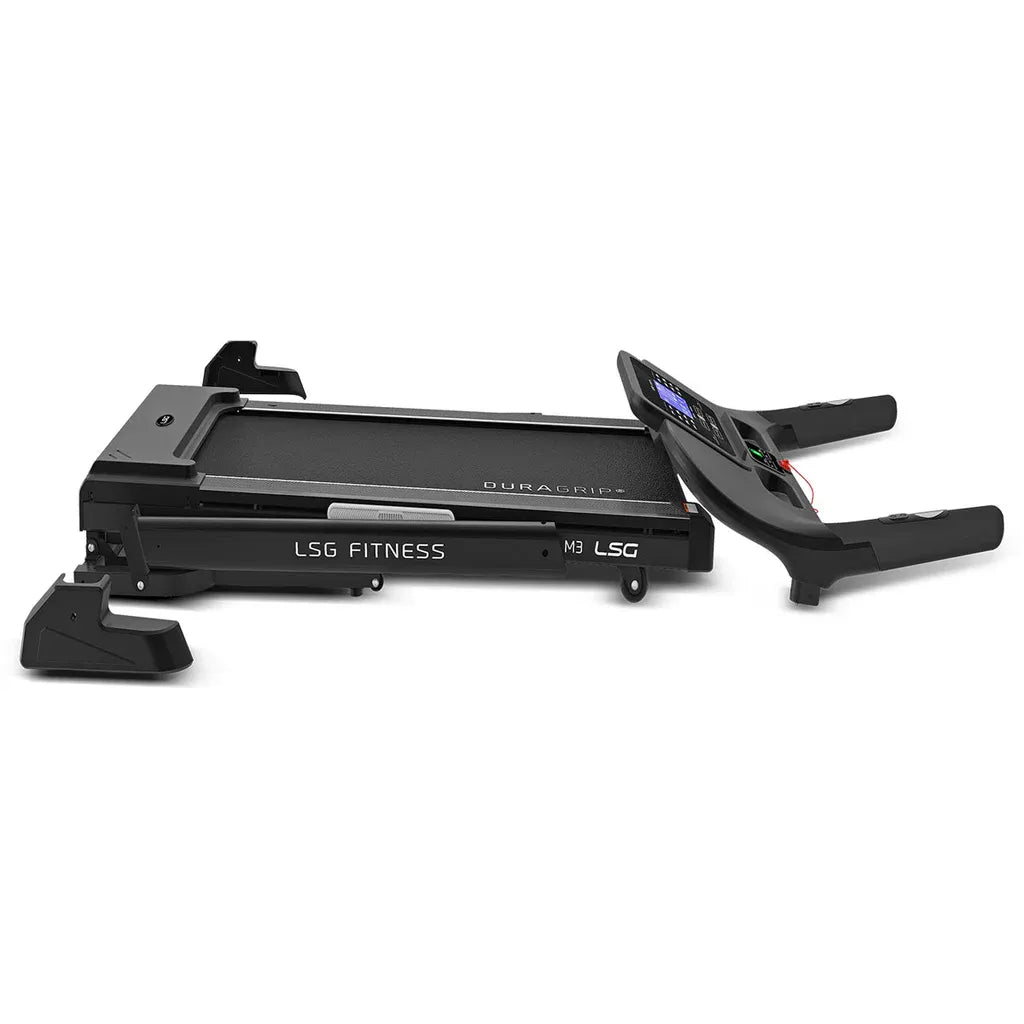 Hlpmedical LSG Stride M3 treadmill for fitness and exercise, featuring a digital display and running belt in a home gym setting.