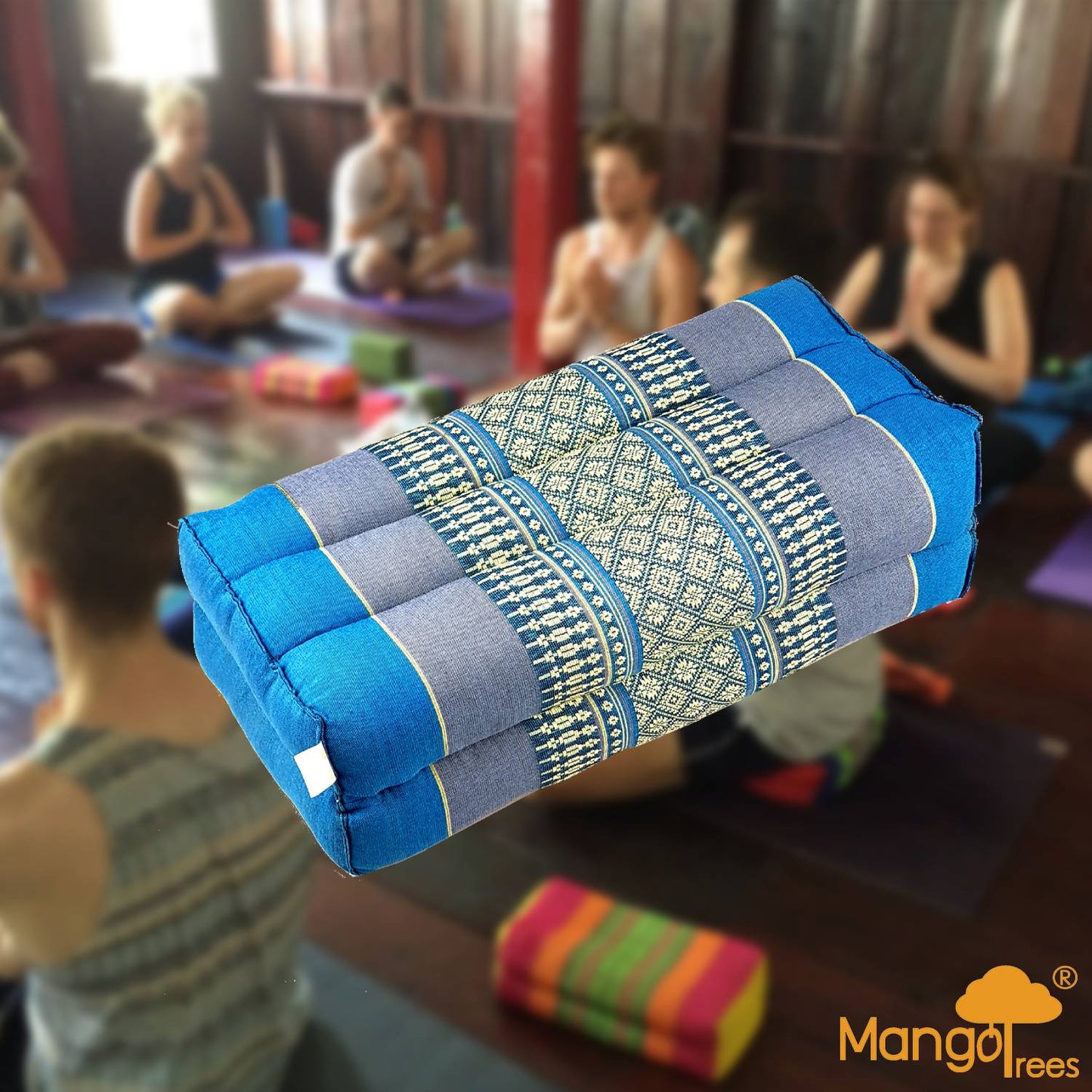 Blue yoga block and meditation cushion by Hlpmedical, designed for wellness and comfortable yoga or meditation practice.