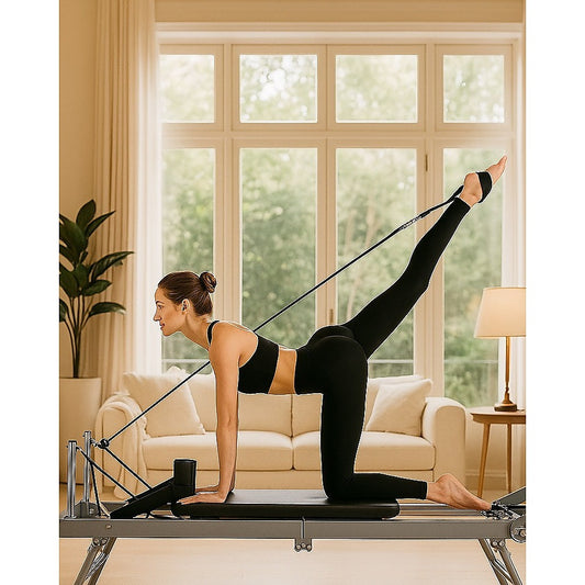 Foldable Hlpmedical Pilates Reformer Machine for yoga and fitness exercises, featuring a compact design with padded supports.