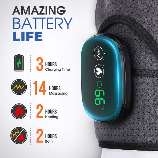 Black rechargeable heated shoulder massager by Hlpmedical with LED display and adjustable compression for pain relief and relaxation.
