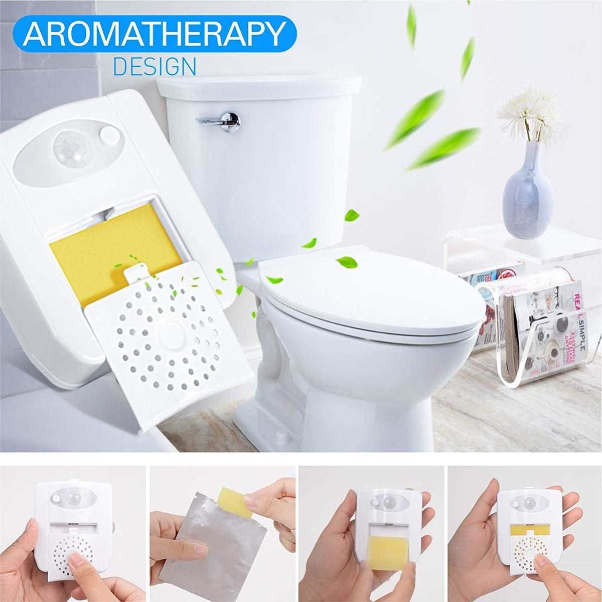 Hlpmedical Motion Sensor Toilet Night Light with 16 LED colors, bathroom bowl lamp, UV sanitiser, and aromatherapy options.