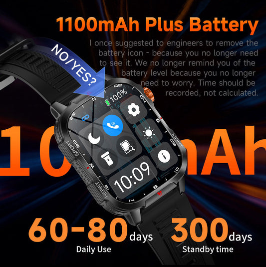 Hlpmedical rugged outdoor men's smart watch with 2.01" HD screen, LED flashlight, compass, waterproof IP68, Bluetooth calling.