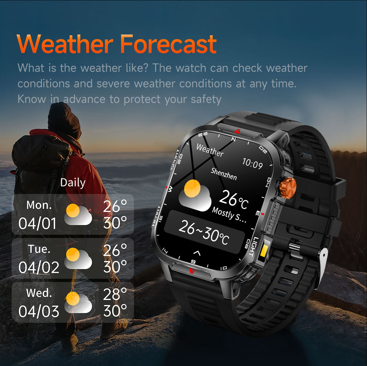 Hlpmedical rugged outdoor men's smart watch with 2.01" HD screen, orange band, LED flashlight, compass, waterproof, Bluetooth calling