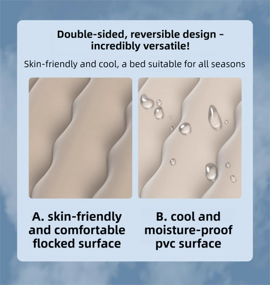 Hlpmedical beige multi-chamber inflatable air mattress with electric pump, pillows, and storage bag for camping and trunk sleeping.