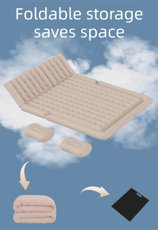 Beige Hlpmedical multi-chamber inflatable air mattress with electric pump, pillows, and storage bag for camping and trunk sleeping.