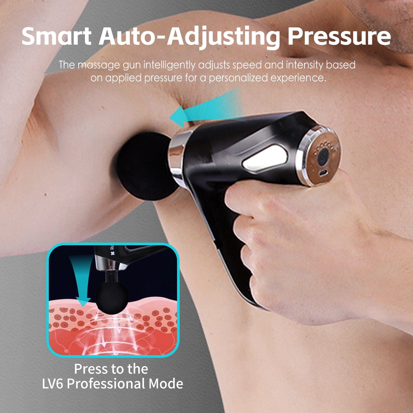 Hlpmedical Remology Impact Therapy 6 adaptive speed USB-C massage gun with 4 interchangeable heads for muscle relaxation.