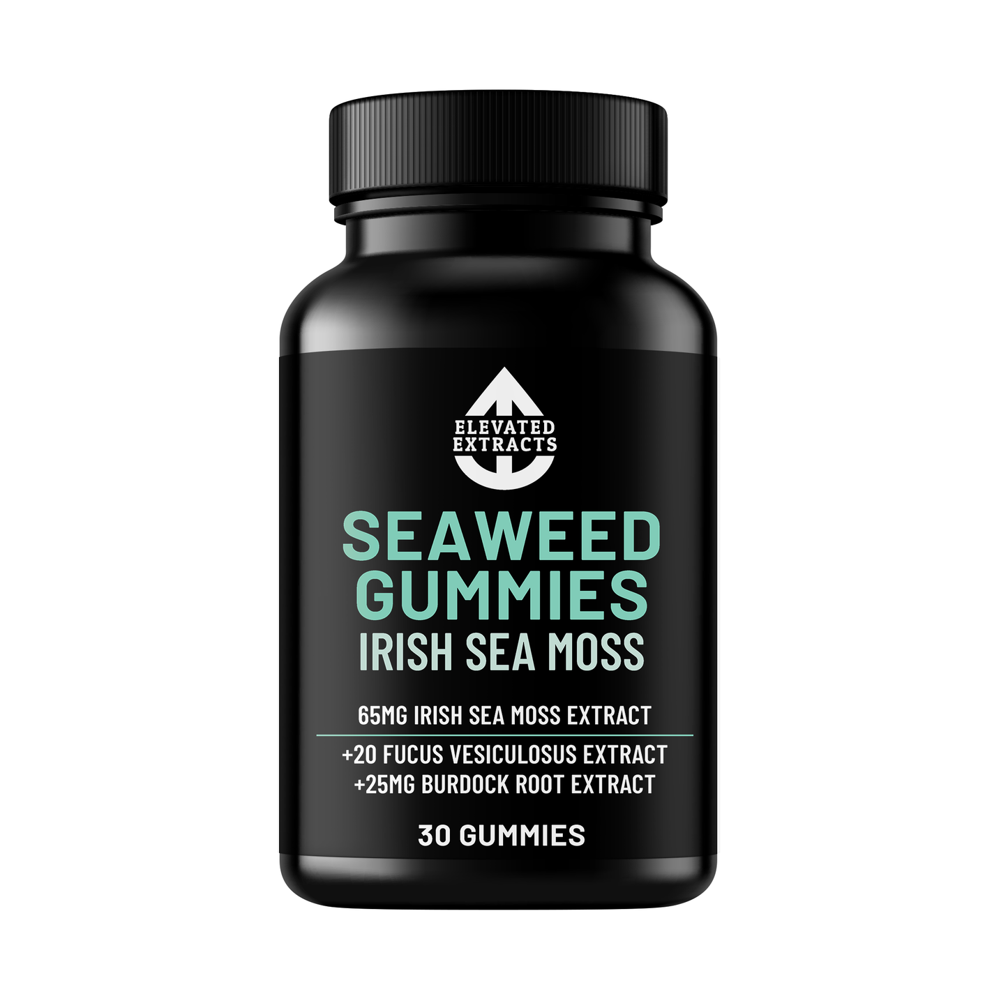 Elevated Extracts Irish Sea Moss Gummies by Hlpmedical, 30 vegan supplements with natural sea moss flavor in a clear container.