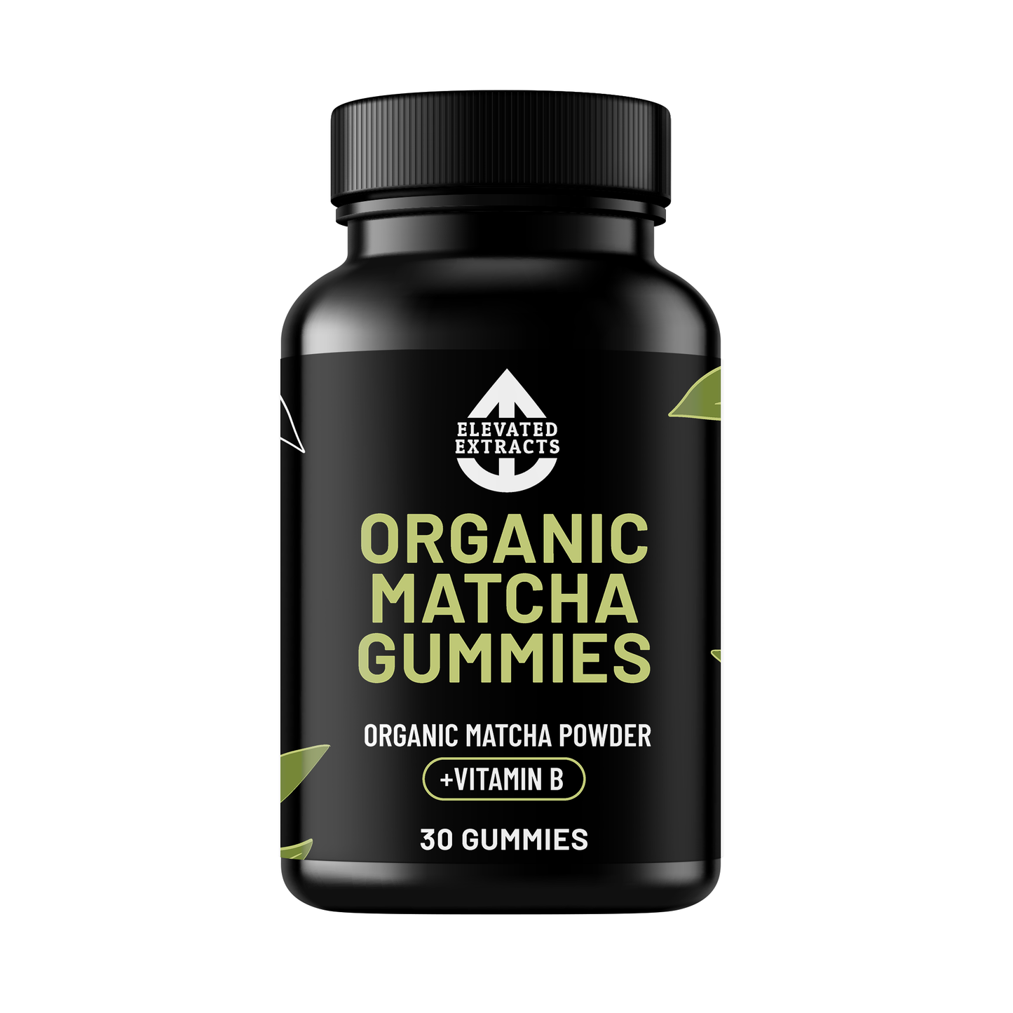 Organic matcha gummies from Elevated Extracts in a clear container, showing green, chewable supplement gummies.