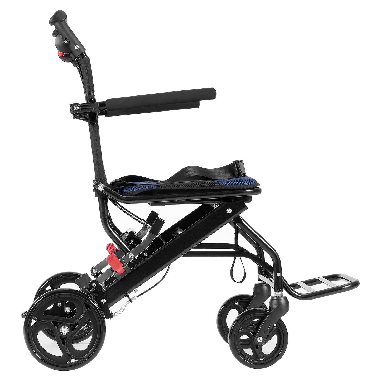 Lightweight aluminum alloy wheelchair with foldable design, 15.75-inch seat, flip-back arms, self-locking brakes for adults.