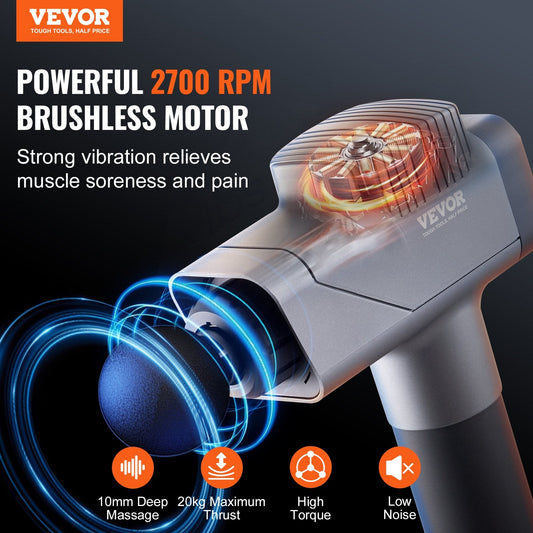 Hlpmedical deep tissue massage gun with 8 speed levels, 6 massage heads, handheld electric muscle massager for pain relief.
