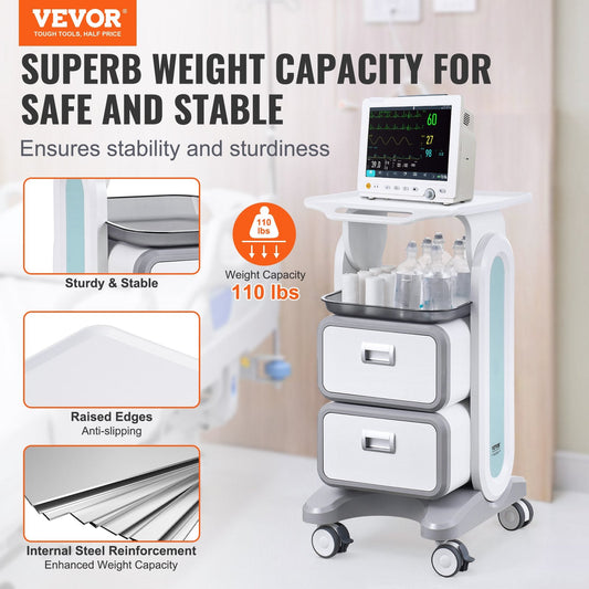 Hlpmedical 3-tier lab cart with two drawers, top tray, white ABS material, four silent wheels, ideal for medical, clinic, or salon use.
