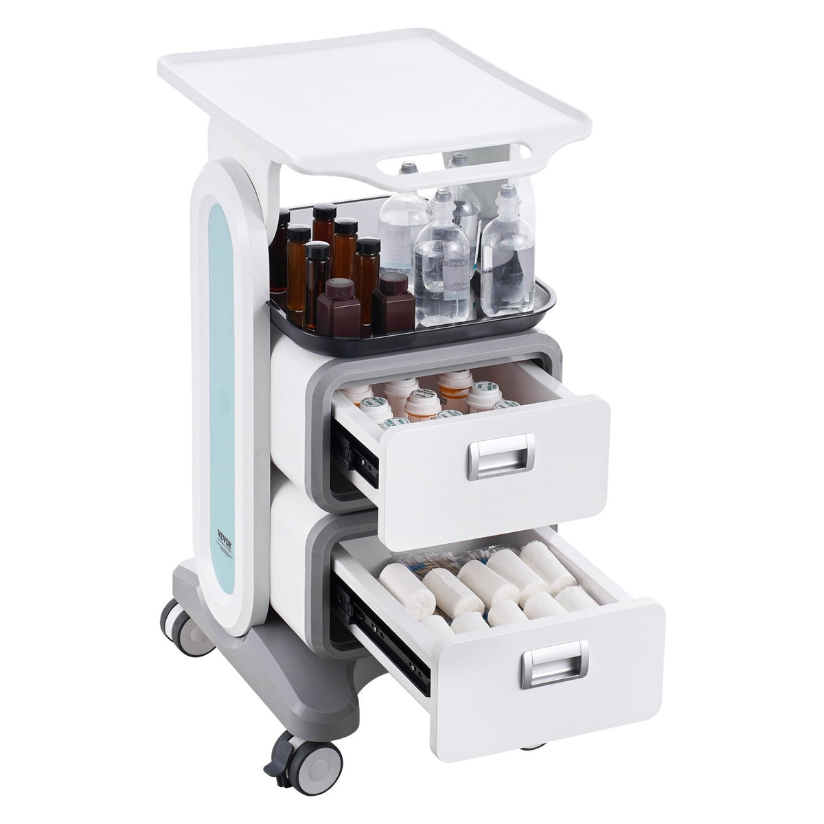 Hlpmedical 3-tier lab cart with two drawers, top tray, white ABS material, four silent wheels, ideal for medical, clinic, or salon use.