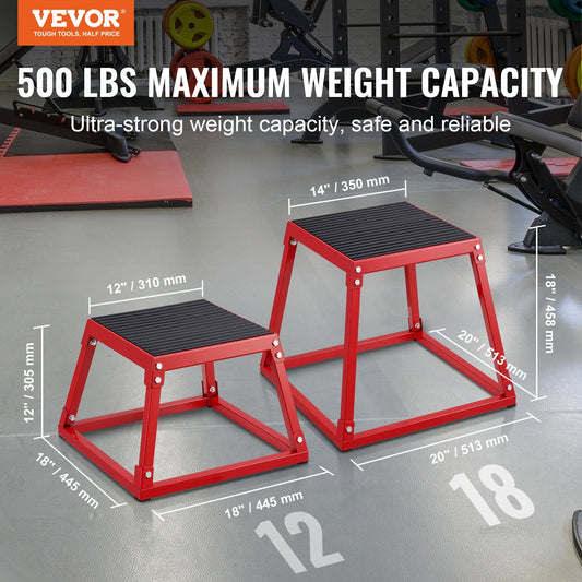 Red 18-inch plyometric jump box by Hlpmedical, steel fitness step-up platform for home gym agility and strength training.