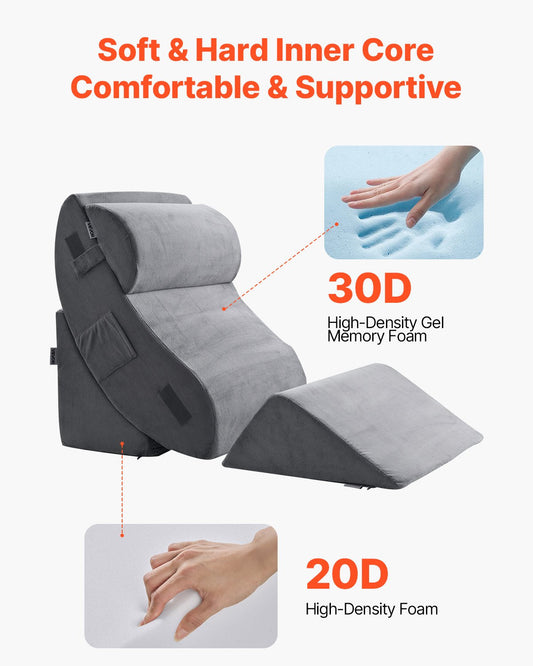 Dark grey Hlpmedical wedge pillow set with four adjustable orthopedic sleep cushions for back pain, acid reflux, and snoring relief.