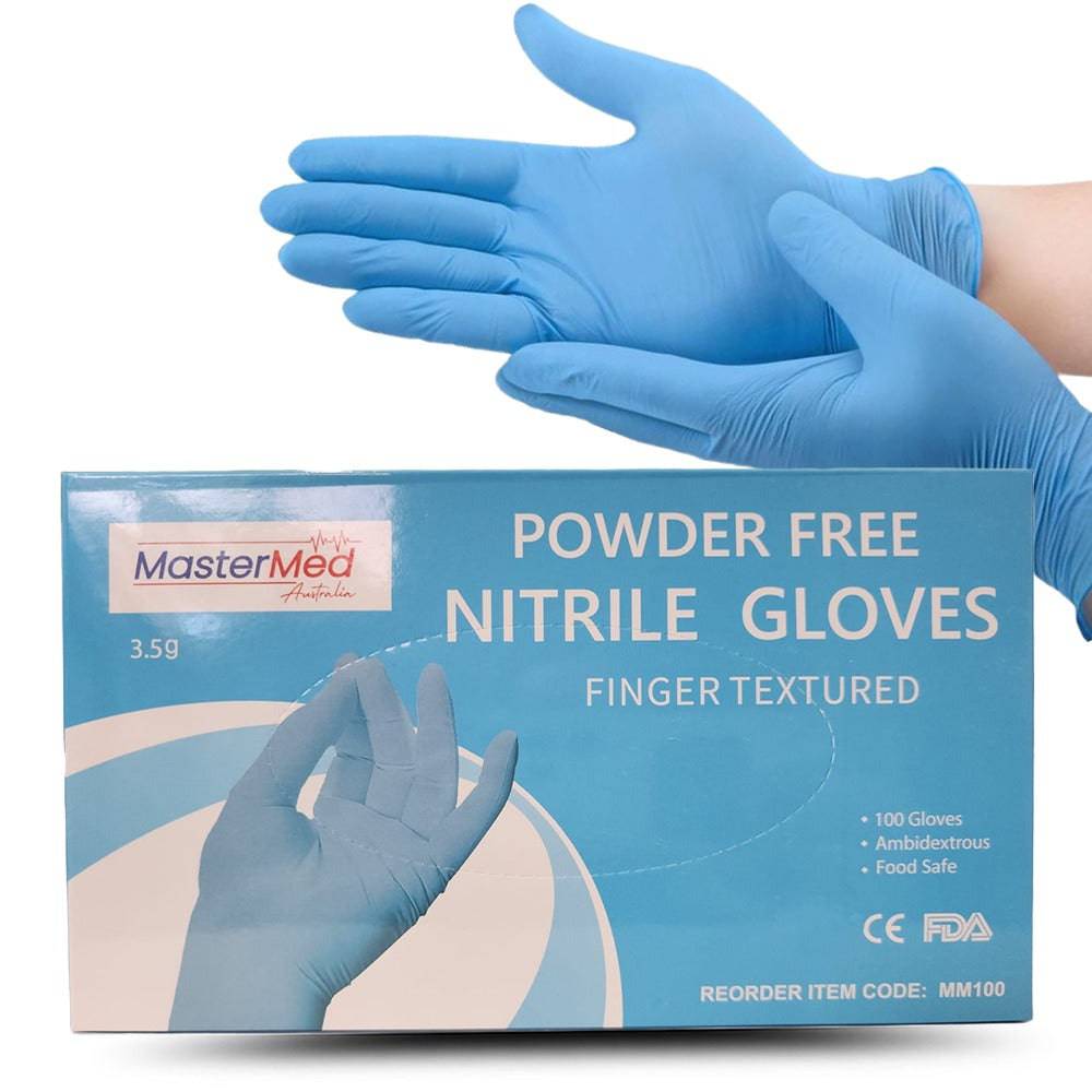 Hlpmedical Mastermed Deluxe blue nitrile gloves, tear-resistant and powder-free, showing gloves in a box on a white background.