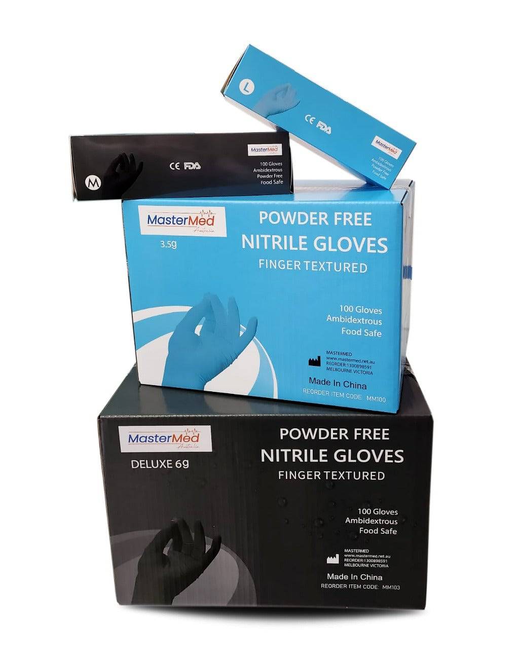 Hlpmedical Mastermed Deluxe blue nitrile gloves, tear-resistant, powder-free, 6.0g, shown in close-up on a white background.