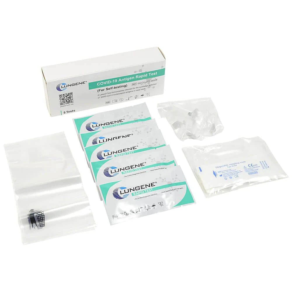 HLP Medical Supplies Clungenge COVID-19 rapid antigen test kit with five nasal swab tests for self health testing.
