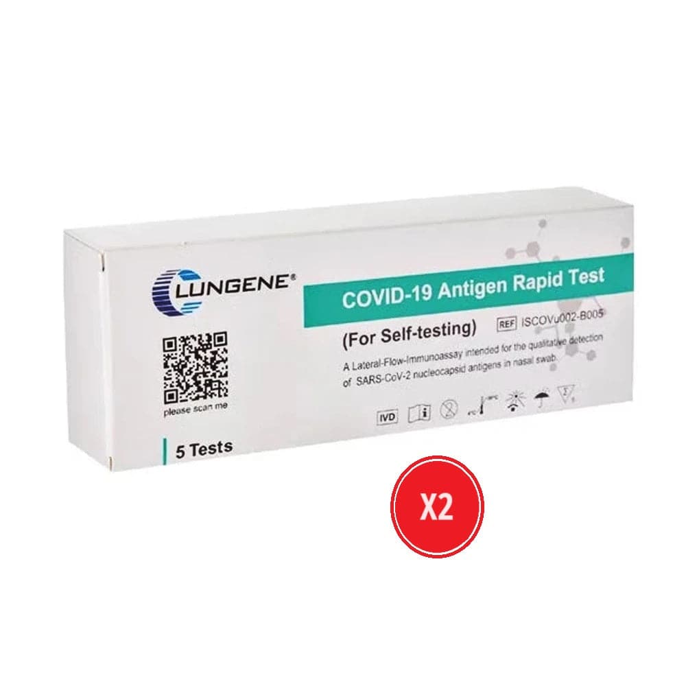 HLP Medical Supplies rapid antigen test kit with nasal swab, showing packaging for 10 or 20 self-testing COVID-19 tests.