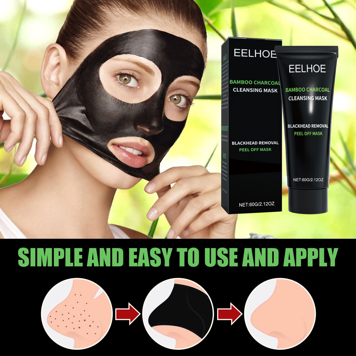 EELHOE bamboo charcoal peel-off mask for deep pore cleansing and T-zone oil control, designed for beauty and clear skin.