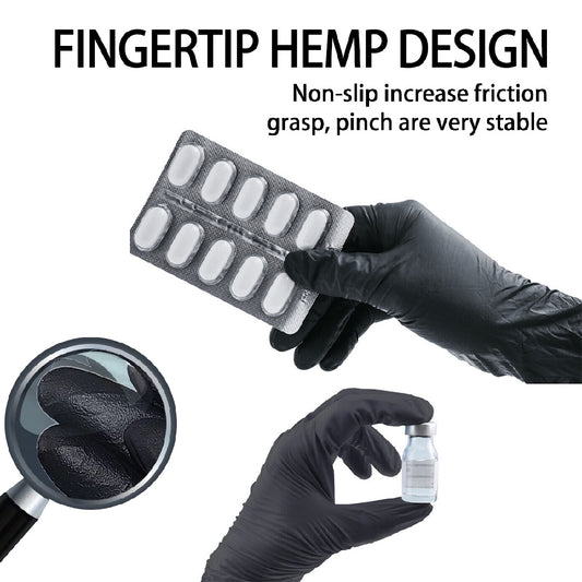 Black disposable medical gloves from HLP Medical Supplies, Thick Ding Qing GP51 gloves suitable for medical and healthcare use.
