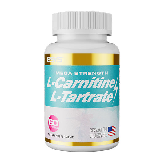 Bottle of HLP Medical Supplies L-Carnitine L-Tartrate capsules, dietary supplement for energy and fat metabolism.