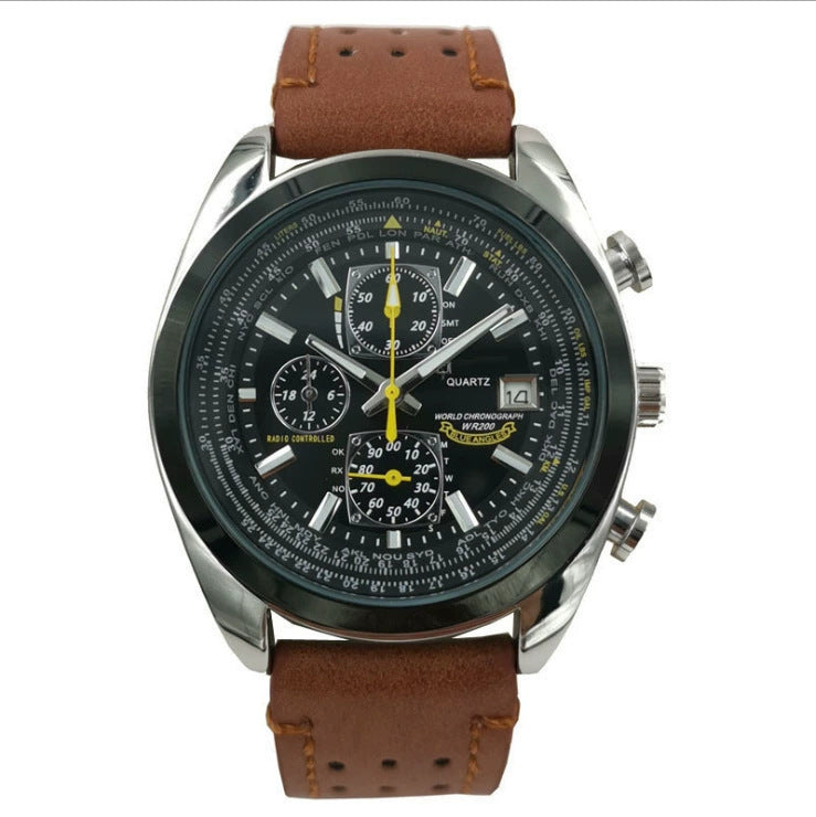Elegant men's Hlpmedical brown leather watch with black dial, quartz chronograph, 42mm case, and perpetual calendar.
