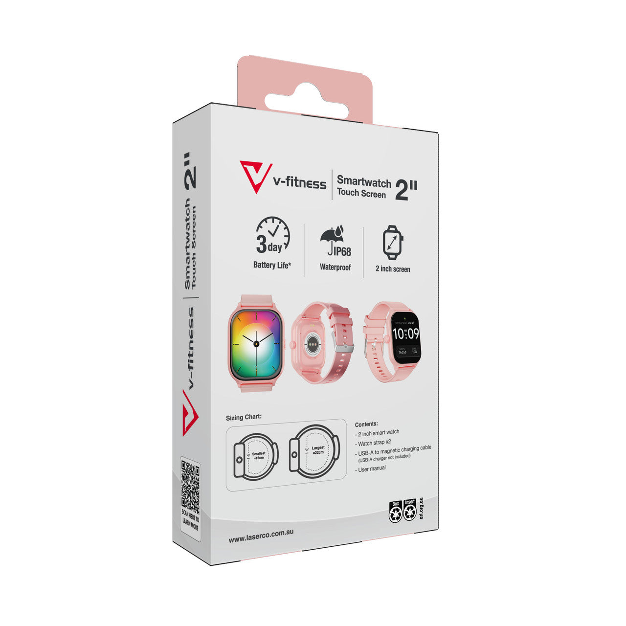 Hlpmedical V-Fitness smart watch with 2-inch touch screen in pink, men's fashion wristwatch with digital display.