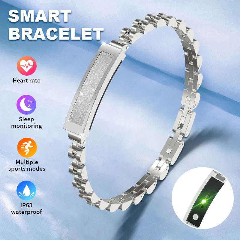 Silver no-screen smart watch for women by Hlpmedical, stylish fashion accessory with a sleek, modern design.