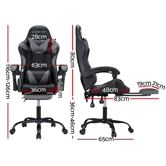 Grey Artiss 2 Point Massage Gaming Office Chair footrest with adjustable height and ergonomic design for comfortable seating.