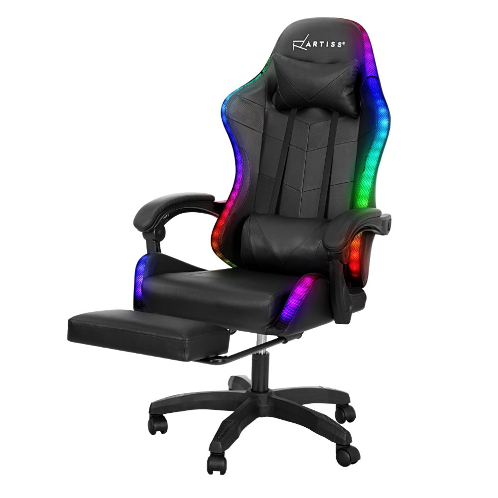 Artiss black 6-point massage gaming office chair with LED footrest, ergonomic design, and padded armrests for comfort.
