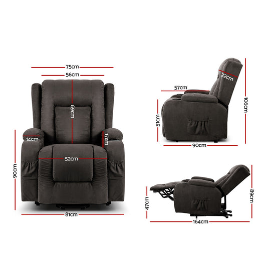 Artiss velvet recliner chair with lift assist and heated massage features, designed for comfort and relaxation.