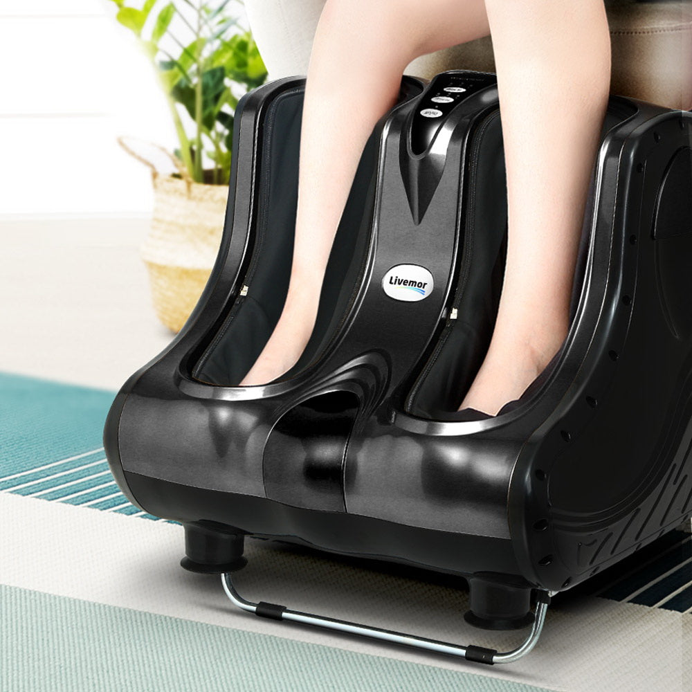 Livemor electric foot massager with shiatsu rollers, kneading ankle and calf massage, black finish, designed for relaxation and leg relief.