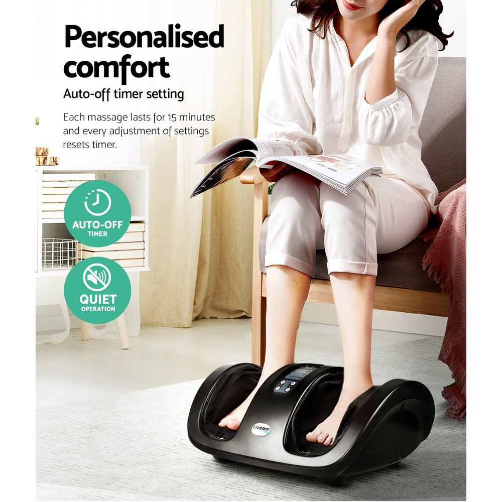 Livemor electric foot massager with Shiatsu rollers, kneading massage for legs, black, by Hlpmedical, ergonomic and relaxing design